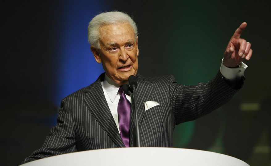 FILE - This April 14, 2008 file photo shows Bob Barker speaking as he is inducted into National Association of Broadcasters hall of fame in Las Vegas. Barker, whose love of animals is returning him to TV on Wednesday, April 30, 2014, as a guest star on "The Bold and the Beautiful." Appearing as himself, the long-time animal rights activist will be interviewed by Liam Spencer, played by series regular Scott Clifton, for a feature article on control of the pet population. (AP Photo/Isaac Brekken, File)