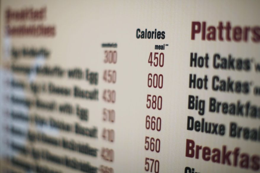 FILE - This July 18, 2008 file photo shows the calories of each food item at a McDonalds drive-thru menu in New York. Diners could soon see calorie counts on menus of chain restaurants. But what about the roasted chicken sold at grocery stores, or the hot dogs convenience stores sell? Will movie theaters have to tell patrons the number of calories in a giant soda and bucket of popcorn? The food industry is closely watching the Food and Drug Administration to see which establishments are included in the final menu labeling rules, expected this year.  (AP Photo/Ed Ou, File)