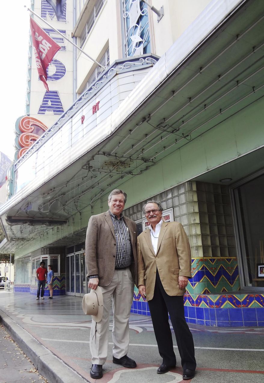 This photo taken March 14, 2014, shows architect Killis Almond and marketing/advertising executive Ernest Bromley who are working on the $25-million Alameda Theater renovation. (AP Photo/San Antonio Express-News,Steve Bennett)