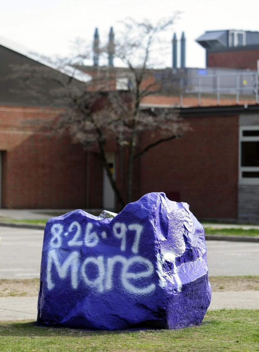 A rock spray-painted by students sits in memory of 16-year-old stabbing victim Maren Sanchez on Friday, April 25, 2014, sits outside Jonathan Law High School in Milford, Conn. Sanchez was stabbed to death earlier during an altercation inside the school. A teenage boy is in custody, and police are investigating whether she was stabbed because she declined to be his date at the junior prom. (AP Photo/The New Haven Register, Peter Hvizdak) MANDATORY CREDIT