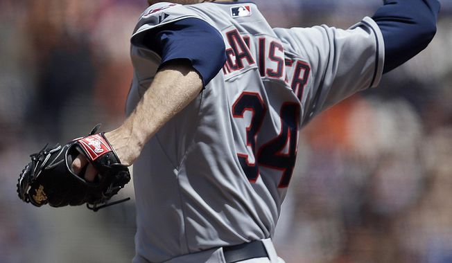 Cleveland Indians&#x27; Zach McAllister works against the San Francisco Giants in the first inning of a baseball game on Saturday, April 26, 2014, in San Francisco. (AP Photo/Ben Margot)