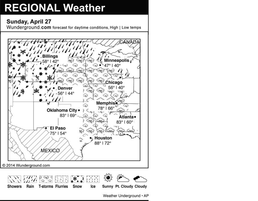 This is the Weather Underground forecast for Sunday, April 27, 2014, for the central region of the U.S. (AP Photo/Weather Underground)