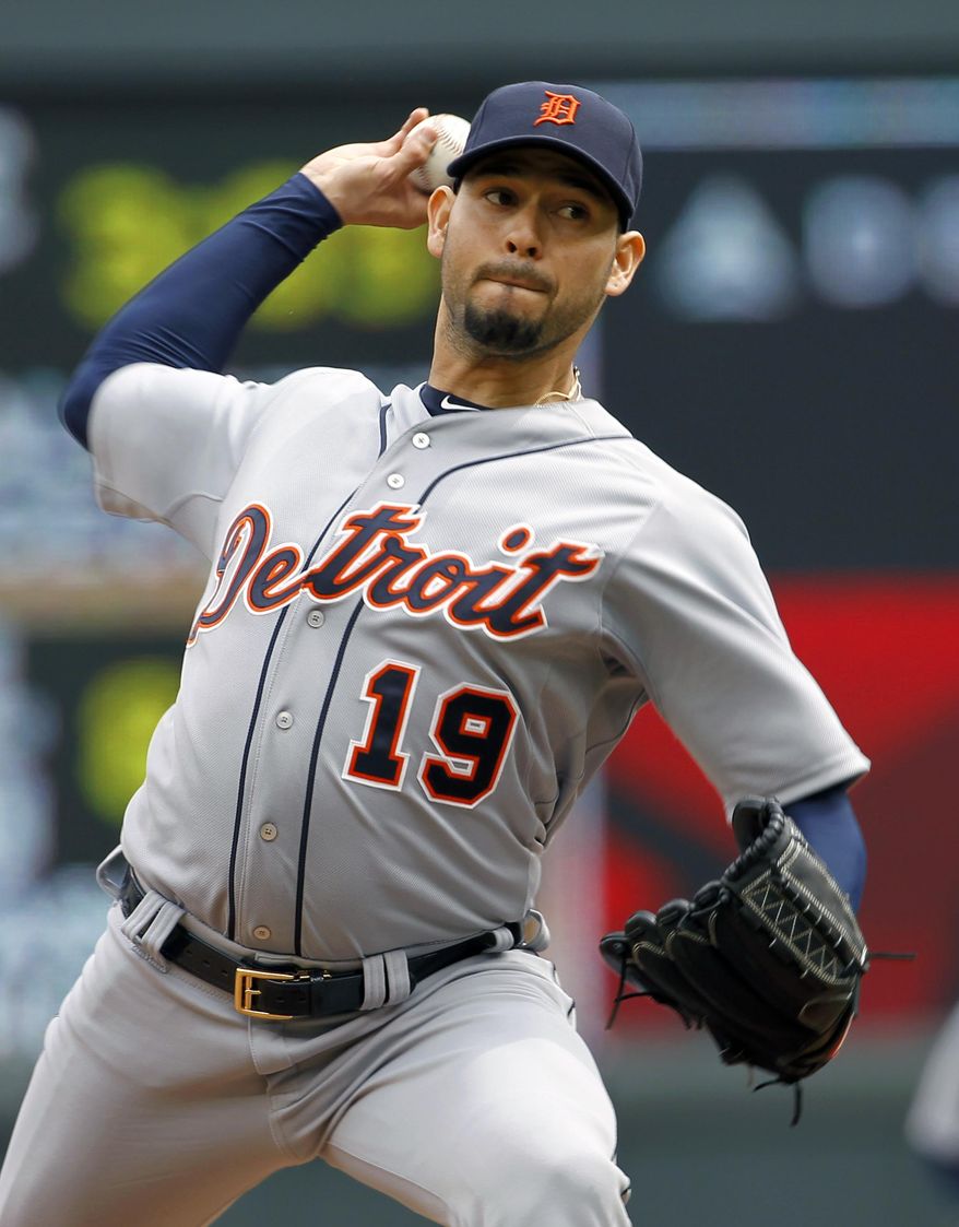 Detroit Tigers starting pitcher Anibal Sanchez (19) delivers to the Minnesota Twins during the third inning of a baseball game in Minneapolis, Saturday, April 26, 2014. (AP Photo/Ann Heisenfelt)