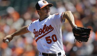 Baltimore Orioles starting pitcher Miguel Gonzalez throws to the Kansas City Royals in the first inning of a baseball game on Sunday, April 27, 2014, in Baltimore. (AP Photo/Patrick Semansky)