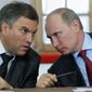 FILE - In this Monday, May 23, 2011 file photo, then, Russian Prime Minister Vladimir Putin, right, speaks with his then Chief of Staff ,Vyacheslav Volodin, during a meeting of officials in Pskov, about 600 km (375 miles) northwest of Moscow. The U.S. Department of the Treasury on Monday, April 28, 2014, designated seven Russian government officials, including two key members of the Russian leadership’s inner circle, and 17 entities pursuant to Executive Order (E.O.) 13661. E.O. 13661 authorizes sanctions on, among others, officials of the Russian Government and any individual or entity that is owned or controlled by, that has acted for or on behalf of, or that has provided material or other support to, a senior Russian government official. Volodin is on the list. (AP Photo/RIA Novosti, Alexei Nikolsky, Pool, File)