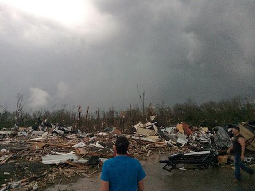 This photo provided by James Bryant shows tornado damage, Sunday, April 27, 2014, in Mayflower, Ark. (AP Photo/Courtesy of James Bryant)