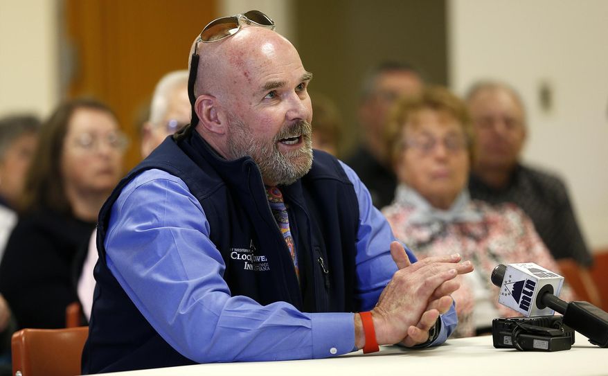 CORRECTS CITY TO DEER LODGE, MONT. INSTEAD OF LAME DEER - Steve Wahrlich, of Billings, Mont. who once employed Barry Beach, speaks in support of Beach to the Board of Pardons and Parole, as the board considers Beach's clemency request, in Deer Lodge, Mont. Tuesday, April 29, 2014. Beach was sentenced to 100 years in prison without parole in the 1979 beating death of a high school classmate when he was 17. (AP Photo/The Great Falls Tribune, Larry Beckner)  NO SALES