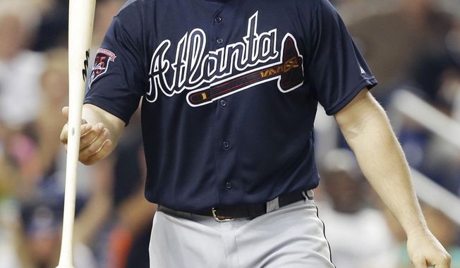 Atlanta Braves&#x27; Evan Gattis tosses his bat after he struck out swinging during the fourth inning of a baseball game against the Miami Marlins, Tuesday, April 29, 2014, in Miami. (AP Photo)