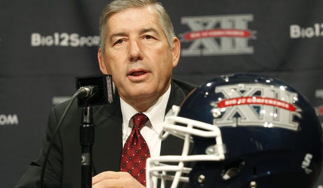 FILE - In this July 22, 2013, file photo, Big 12 Conference Commissioner Bob Bowlsby addresses the media at the beginning of the Big 12 Conference Football Media Days in Dallas. Bowlsby has become the de facto president of the NCAA&#x27;s power conferences. Could he be the next NCAA president? (AP Photo/Tim Sharp, File)