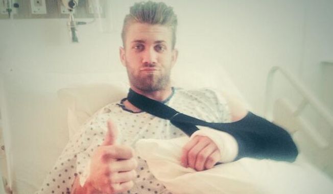 Bryce Harper of the Washington Nationals posted this photo to his Twitter account Tuesday, April 29, 2014 after undergoing surgery on his left thumb. He wrote: &quot;On the road to recovery..Everything went great and I&#x27;ll be back soon! Thank you to all the fans for the support!&quot; (via Twitter)