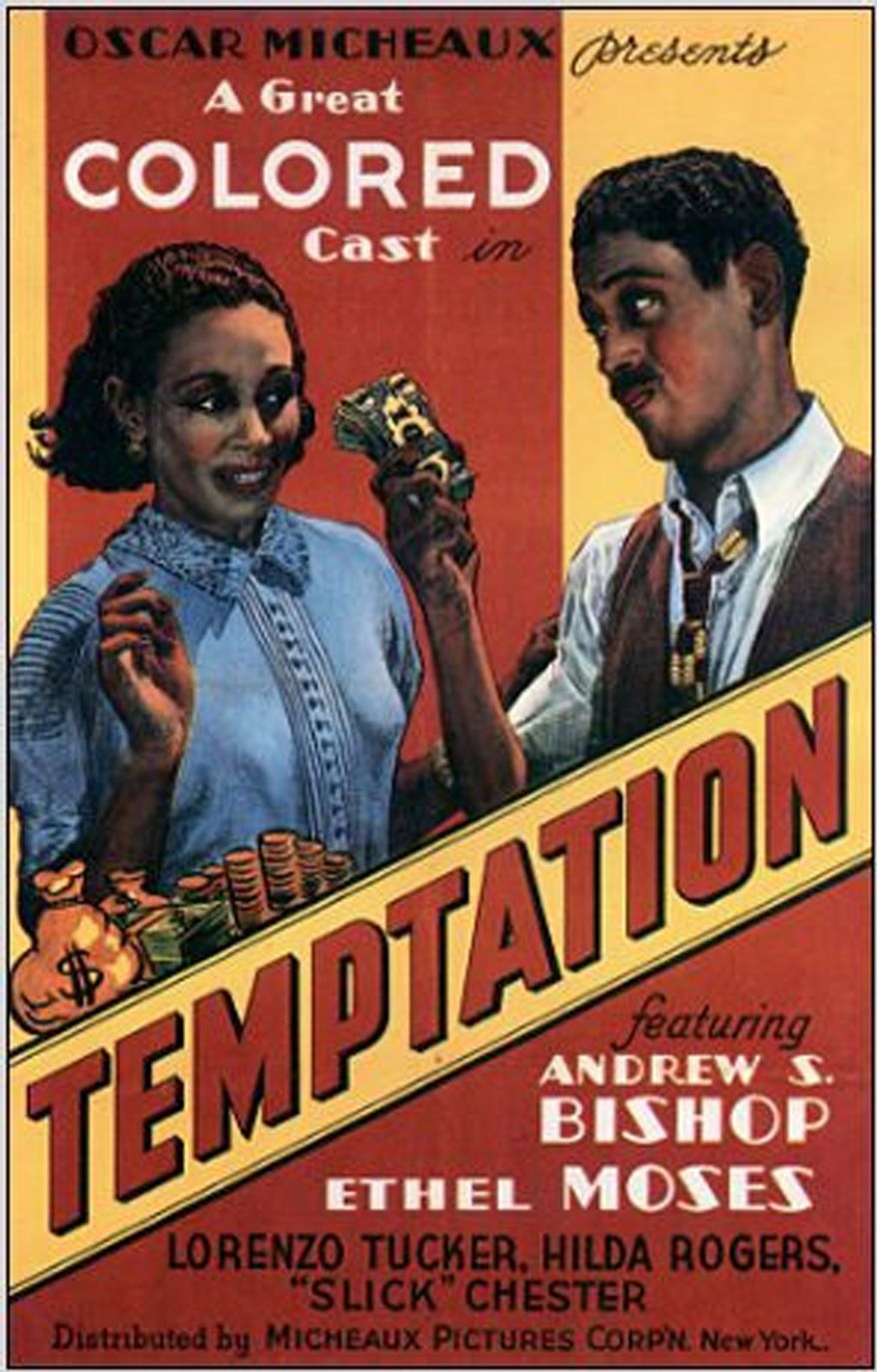 Poster for Oscar Micheaux's film 'Temptation' (1937).