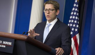 White House press secretary Jay Carney gestures as he answers questions during the daily press briefing at the White House in Washington, Wednesday, April 30, 2014. Carney was asked several questions about the botched execution of Oklahoma inmate Clayton Lockett. (AP Photo)