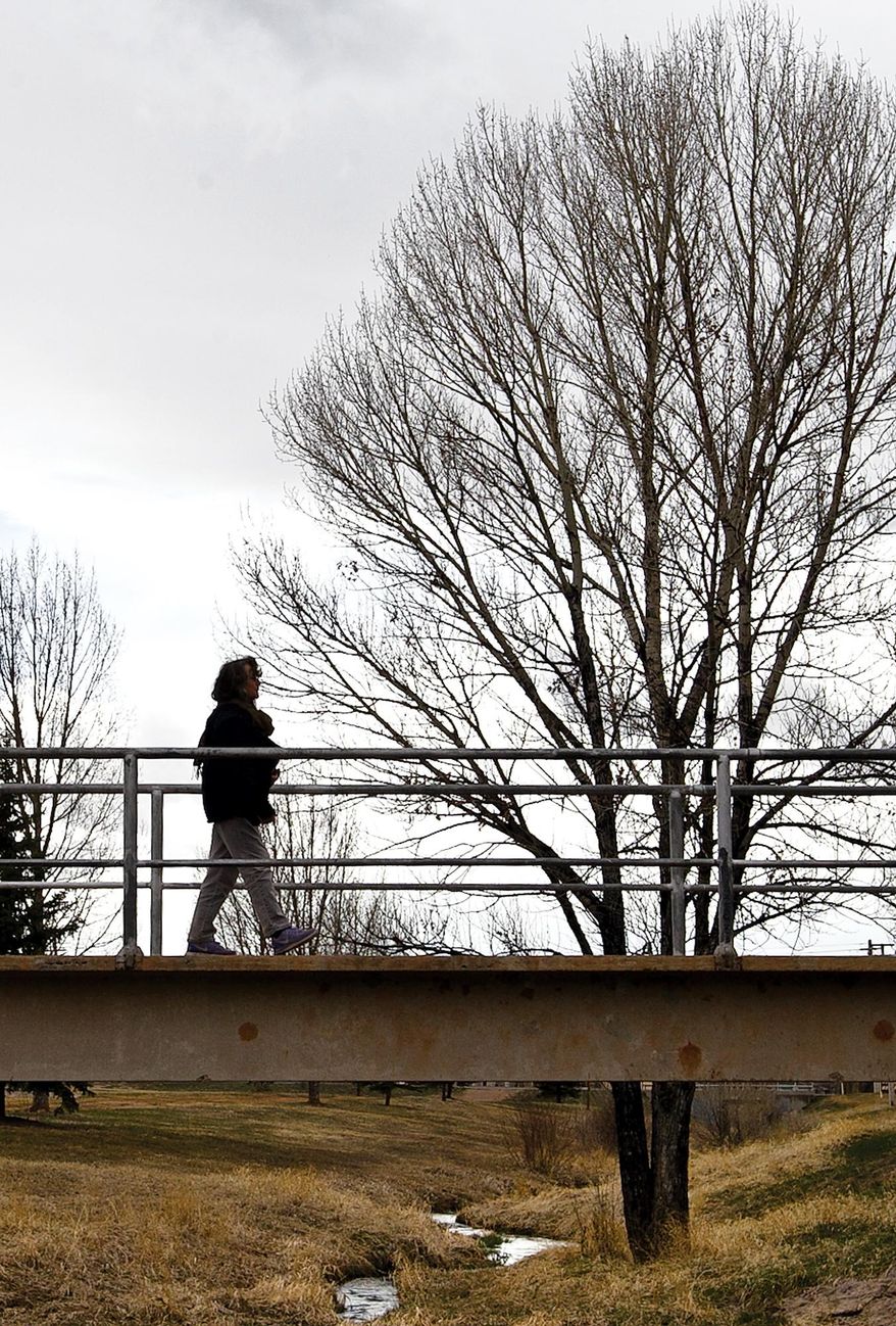 In this Thursday, April 10, 2014 photo, Sally Palmer, a University of Wyoming department of religious studies adjunct assistant lecturer, walks on a footbridge over Spring Creek in LaPrele Park in Laramie, Wyo. She teaches classes about life beyond death, how religion and science can coexist, and how religions compare to one another. (AP Photo/Laramie Boomerang, Jeremy Martin)
