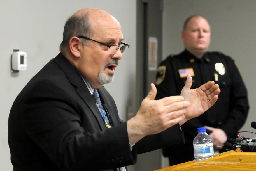 Waseca school superintendent Thomas Lee gestures during a press conference Thursday, May 1, 2014. Police arrested a 17-year-old suspect Tuesday and charged him in juvenile court Thursday, with four counts of attempted first-degree murder, six counts of possessing explosive or incendiary devices and two counts of criminal damage to property. (AP Photo/The Mankato Free Press, John Cross)