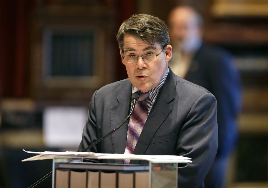 Iowa Senate Majority Leader Michael Gronstal, D-Council Bluffs, speaks on the floor of the Senate, Thursday, May 1, 2014, at the Statehouse in Des Moines, Iowa. The Iowa Senate, after working all night to finish the 2014 legislative session, must return for one more day after a dispute developed involving subpoena powers. (AP Photo/Charlie Neibergall)