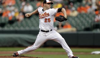 Baltimore Orioles starting pitcher Bud Norris throws to the Pittsburgh Pirates in the first inning in the first baseball game of a doubleheader on Thursday, May 1, 2014, in Baltimore. (AP Photo/Patrick Semansky)