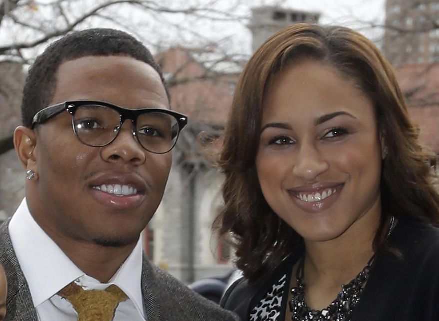 FILE - In this March 11, 2013, file photo, Baltimore Ravens running back Ray Rice, left, stands with Janay Palmer in Baltimore as they arrive for a screening of a new film released on DVD that chronicles the team's championship NFL football season. Rice is due in a New Jersey courtroom Thursday May 1, 2014 to face aggravated assault charges stemming from an incident with his then-girlfriend in an Atlantic City casino elevator. (AP Photo/Patrick Semansky, File)