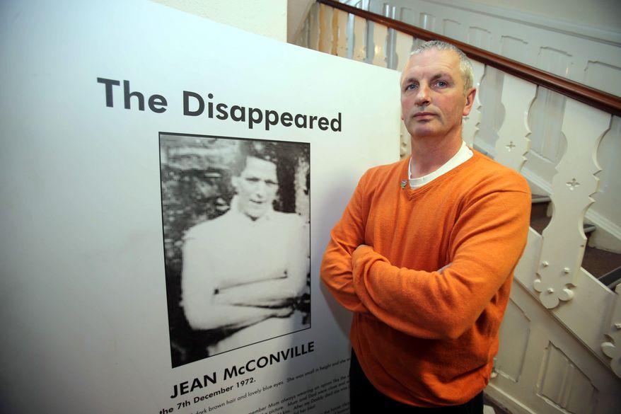 Michael McConville, the son of Jean McConville who was murdered by the IRA, speaks to the media at the Wave Trauma centre in Belfast, Thursday, May, 1, 2014. Sinn Fein President Gerry Adams is still being questioned by police at Antrim police station after being arrested late Wednesday in connection with the murder of Jean McConville. (AP Photo)