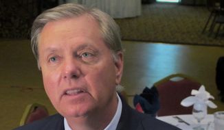 In this Sept. 3, 2013, file photo Sen. Lindsey Graham, R-S.C., talks to a reporter following a speech in Goose Creek, S.C. (AP Photo/Bruce Smith, File)