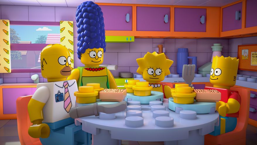 This image released by FOX shows characters from the animated series, "The Simpsons," from left, Homer, Marge, Lisa and Bart, as Lego figures in episode No. 550, titled, "Brick Like Me," airing Sunday. Using computer-generated special effects, the town of Springfield and its residents have been reimagined in the style of the famed plastic toys. (AP Photo/Fox)