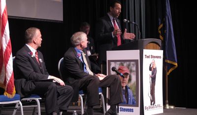 Republican U.S. Senate hopeful Joe Miller, standing at podium, delivers his opening remarks during a candidate forum at the state GOP convention on Friday, May 2, 2014, in Juneau, Alaska. Shown, from left, are fellow Republican candidates Dan Sullivan and Mead Treadwell. (AP Photo/Becky Bohrer)