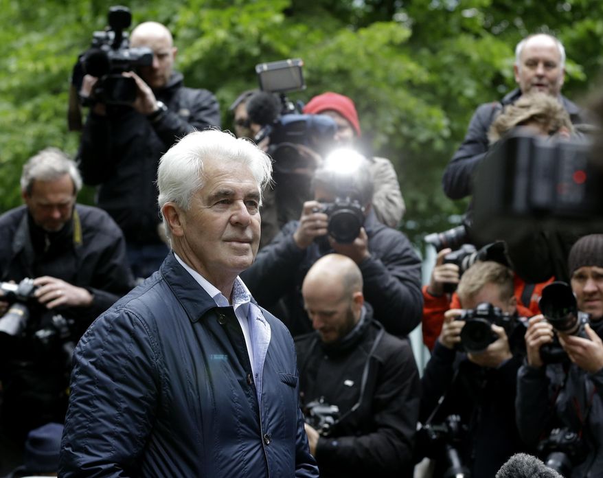 Max Clifford arrives for sentencing at Southwark Crown Court in London, Friday, May 2, 2014. Clifford, once one of the most powerful figures in the British entertainment world, could face jail today when he is sentenced for a string of indecent assaults. Clifford, 71, was found guilty Monday of eight counts of indecent assault stemming from attacks on teenagers dating back more than 40 years. (AP Photo/Kirsty Wigglesworth)