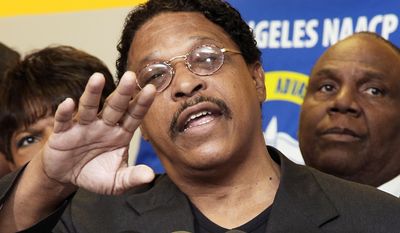 ** FILE ** In this April 28, 2014, file photo, Leon Jenkins, president of the Los Angeles chapter of the NAACP, announces that Los Angeles Clippers basketball team owner Donald Sterling will not be receiving his lifetime achievement award, at a news conference in Culver City, Calif. (AP Photo/Nick Ut, File)