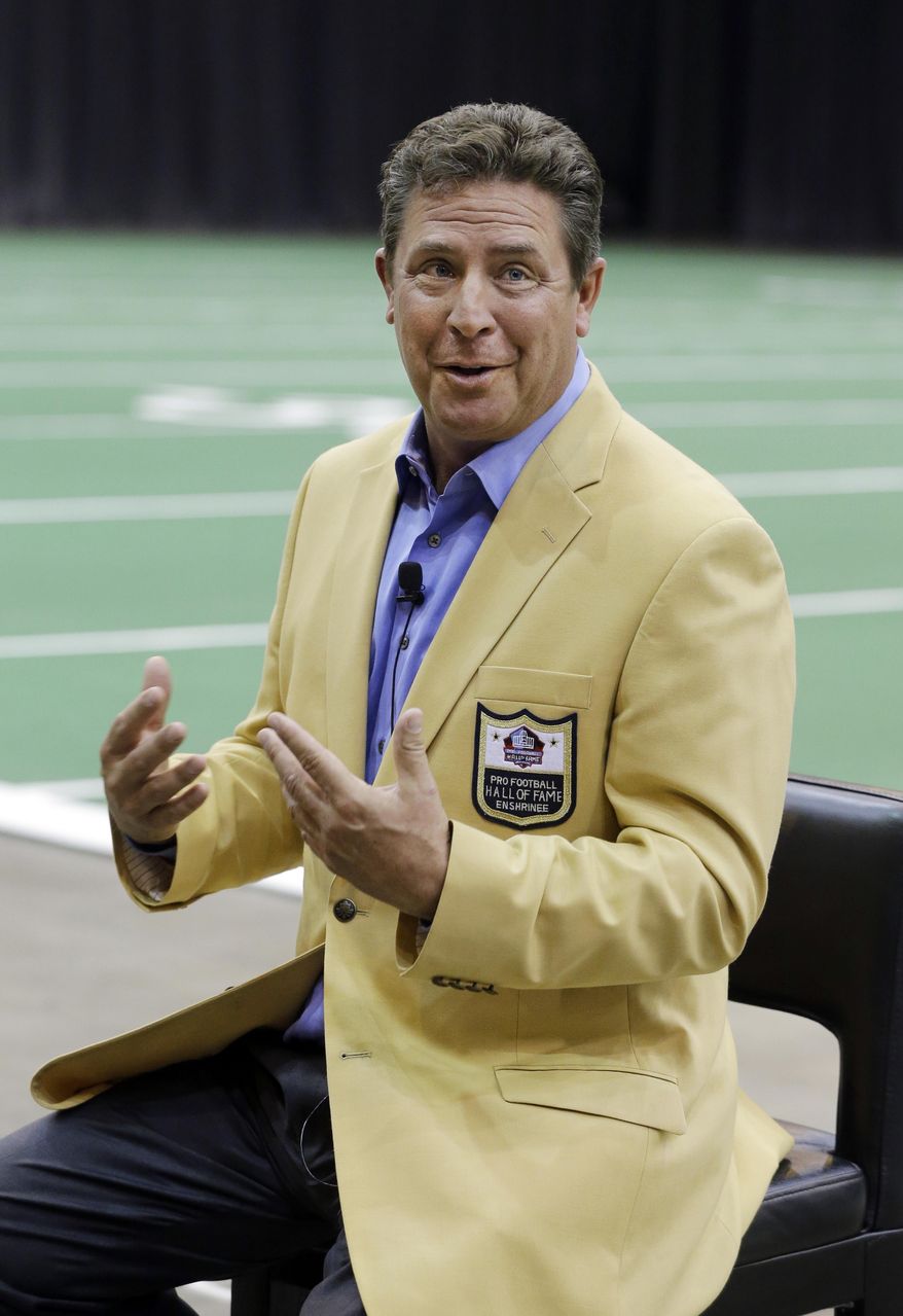 Miami Dolphins' Hall of Fame quarterback Dan Marino speaks at a news conference promoting the Pro Football Hall of Fame fanfest at the I-X Center in Cleveland Tuesday, April 29, 2014. The inaugural event will allow fans to meet and interact with 100 members of the Pro Football Hall of Fame May 3-4, 2014. (AP Photo)