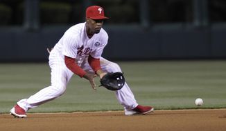 Philadelphia Phillies&#x27; Jimmy Rollins fields a ground ball hit by Washington Nationals&#x27; Danny Espinosa and throws to second to get out Nationals&#x27; Jayson Werth in the fourth inning of a baseball game on Friday, May 2, 2014, in Philadelphia. (AP Photo/Laurence Kesterson)