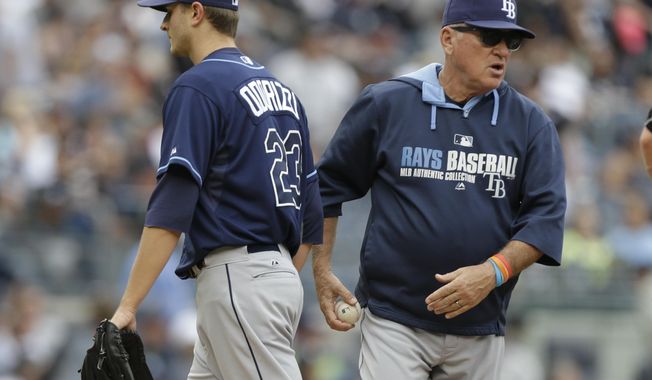 Tampa Bay Rays manager Joe Maddon, right, takes starting pitcher Jake Odorizzi (23) out of the game during the fifth inning of a baseball game against the New York Yankees Saturday, May 3, 2014, in New York. (AP Photo/Frank Franklin II)