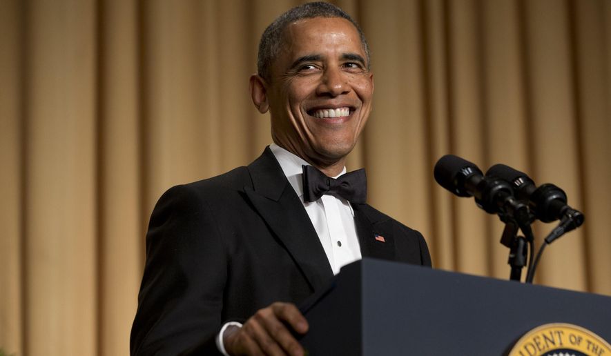 President Barack Obama smiles while making a joke during his speech at the White House Correspondents&#x27; Association (WHCA) Dinner at the Washington Hilton Hotel, Saturday, May 3, 2014, in Washington. (AP Photo/Jacquelyn Martin)