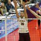 Loyola&#39;s Joe Smalzer (16) and Owen McAndrews (13) block the ball hit by Stanford&#39;s Steven Irvin (12), left, during the second set of the NCAA men&#39;s college volleyball championship at Gentile Arena in Chicago on Saturday, May 3, 2014. (AP Photo/Nam Y. Huh)