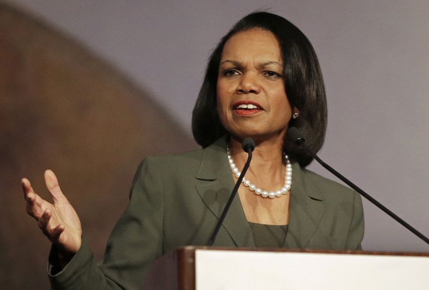 FILE - In this March 15, 2014 file photo, former Secretary of State Condoleezza Rice peaks at the California Republican Party 2014 Spring Convention in Burlingame, Calif. Rice has decided against delivering the commencement address at Rutgers University following protests by some faculty and students over her role in the Iraq War. Rice said in a statement Saturday, May 3, 2014 that she informed Rutgers President Robert Barchi that she was declining the invitation. She said her involvement had "become a distraction for the university community" at a "time of joyous celebration for the graduates and their families."(AP Photo/Ben Margot, File)
