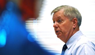 ** FILE ** Sen. Lindsey Graham speaks during a campaign stop at American Legion Post 20 on Wednesday, April 23, 2014, in Greenwood, S.C. (AP Photo/Rainier Ehrhardt)