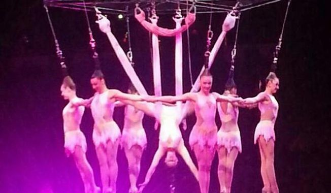 In this photo provided by Frank Caprio, performers hang during an aerial hair-hanging stunt at the Ringling Bros. and Barnum and Bailey Circus, Friday, May 2, 2104, in Providence, R.I. A platform collapsed during an aerial hair-hanging stunt at the 11 a.m. performance Sunday, May 4, sending eight acrobats plummeting to the ground. (AP Photo/Frank Caprio)