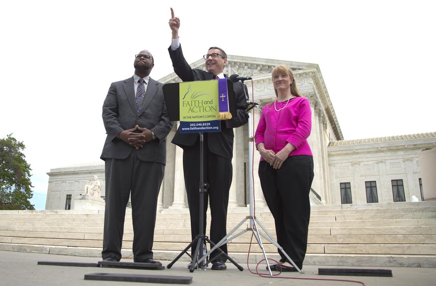 Rev. Dr. Rob Schenck, of Faith and Action, center, speaks in front of the Supreme Court with Raymond Moore, left, and Patty Bills, both also of Faith and Action, during a news conference, Monday, May 5, 2014, in Washington, in favor of the ruling by the court's conservative majority that was a victory for the town of Greece, N.Y., outside of Rochester. A narrowly divided Supreme Court upheld decidedly Christian prayers at the start of local council meetings on Monday, declaring them in line with long national traditions though the country has grown more religiously diverse. (AP Photo/Carolyn Kaster)