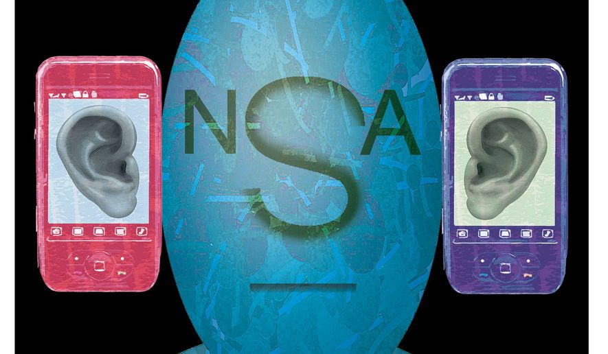 Illustration on NSA phone surveillance by Alexander Hunter/The Washington Times