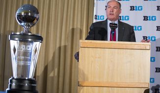 Big Ten commissioner Jim Delany speaks during a news conference at Verizon Center, on Tuesday, May 6, 2014, in Washington. Delany announced that the 2017 Big Ten conference men&#x27;s basketball tournament will be held in Washington. (AP Photo/ Evan Vucci)