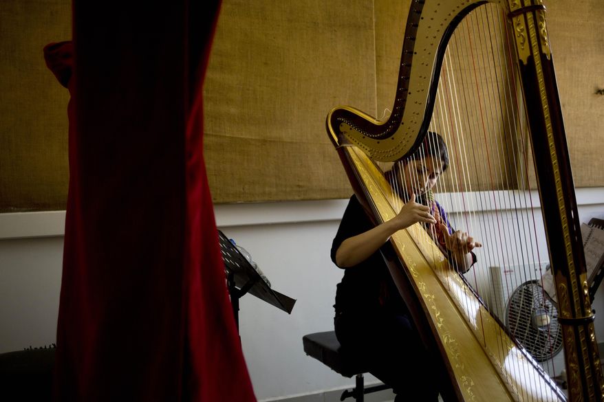 In this Sunday, May 4, 2014 photo, a musician plays harp during a practice at art school which adjoins the Damascus Opera House in Damascus Syria. Two students were killed and five others were wounded when a mortar landed outside the Opera building in April 2014. (AP Photo/Dusan Vranic)