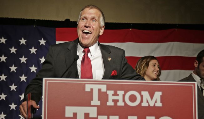 Thom Tillis speaks to supporters at a election night rally in Charlotte, N.C., after winning the Republican nomination for the U.S. Senate Tuesday, May 6, 2014.   Tillis, the Republican establishment&amp;#8217;s favored son in North Carolina, won the state&amp;#8217;s Senate nomination by running as a proud conservative who&amp;#8217;s not terribly different from his tea party and Christian-right opponents.  (AP Photo/Chuck Burton)
