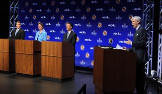 Maryland Democratic gubernatorial candidates, Attorney General Doug Gansler, from left, Rep. Heather Mizeur, D-Montgomery, and Lt. Gov. Anthony Brown take part in a Maryland Democratic primary gubernatorial debate at the University of Maryland in College Park, Md., Wednesday, May 7, 2014. Also pictured at right is moderator David Gregory of NBC News. (AP Photo/The Washington Post, Matt McClain, Pool)