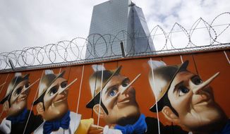 A graffiti is painted on a fence around the construction site of the new headquarters of the European Central Bank in Frankfurt, Germany, Wednesday, May 7, 2014. The ECB is supposed to move into the building by the end of 2014. The Governing Council of the ECB will meet on Thursday.  The graffito was created by German street artist &#39;Case&#39;. He painted a repetition of 16 Pinocchio&#39;s puppets on the wood panels surrounding the construction site of the new headquarters of the European Central Bank. The bank allowed artists to spray graffitis on the fence around the ECB during the construction period. (AP Photo/Michael Probst)