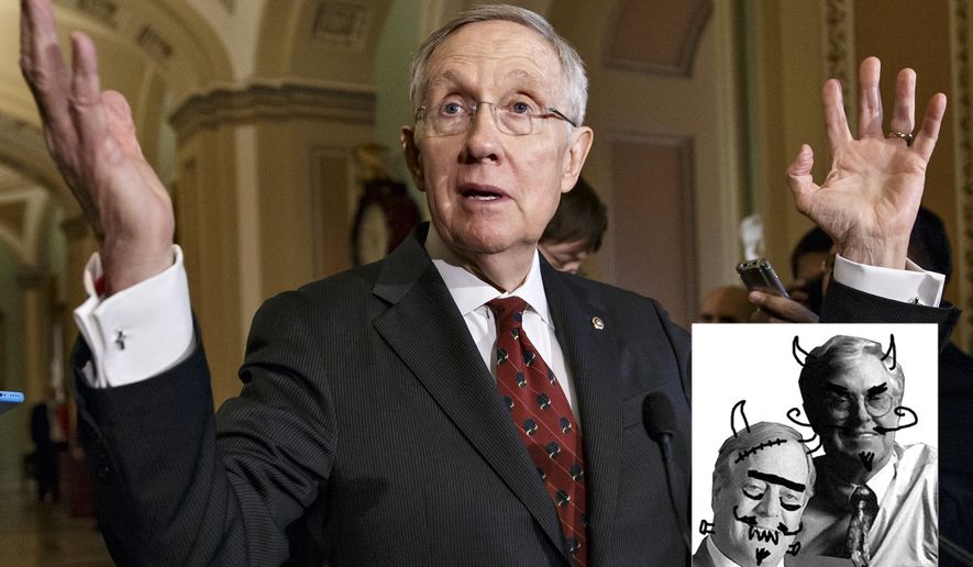 Photo illustration showing Senate Majority Leader Harry Reid of Nev. and a leftist attack on David and Charles Koch
