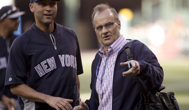 Former Yankees manager Joe Torre, right, and  New York Yankees&#x27; Derek Jeter chat during batting practice before a baseball game against the Los Angeles Angels in Anaheim, Calif., Monday, May 5, 2014. (AP Photo/Chris Carlson)