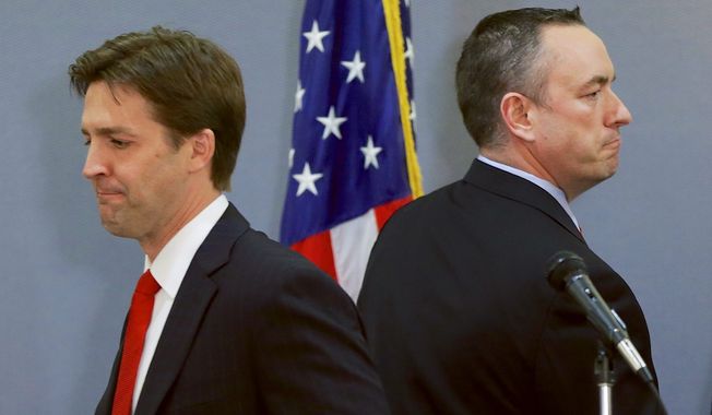 Field of teams: Tea party candidate Ben Sasse (left) and establishment-backed candidate Shane Osborn are opening a new front in Nebraska politics. They are in the middle of a bitter national struggle in the Republican Party between one wing determined to maintain traditional control and insurgents trying to change direction. (Associated Press photographs)