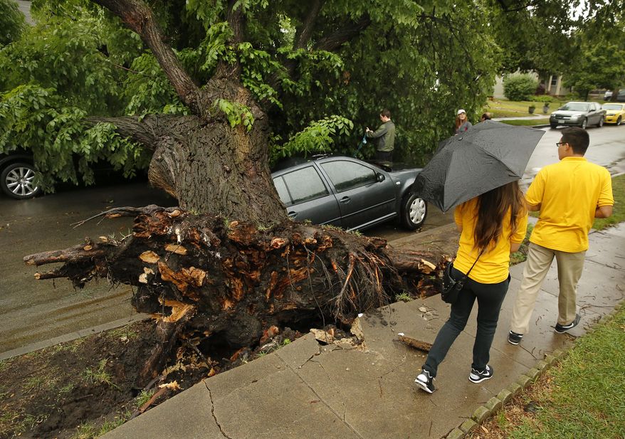Neighbors survey the damage after a large tree had fallen onto a Volkswagen car and Mazda car on Winton St. near Stonewall Jackson Elementary, Thursday, May 8, 2014. Thunderstorms are moving across the Plains, bringing strong winds and tornadoes and prompting a high-water rescue of five children. (AP Photo/The Dallas Morning News, Tom Fox) MANDATORY CREDIT, NO SALES, MAGS OUT, TV OUT, INTERNET USE BY AP MEMBERS ONLY