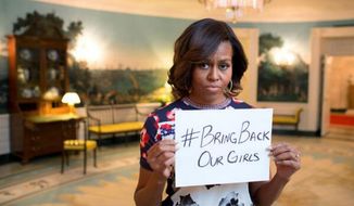 In this Twitter photo, first lady Michelle Obama pleads for the safe return of more than 200 girls kidnapped by terrorists in Nigeria.