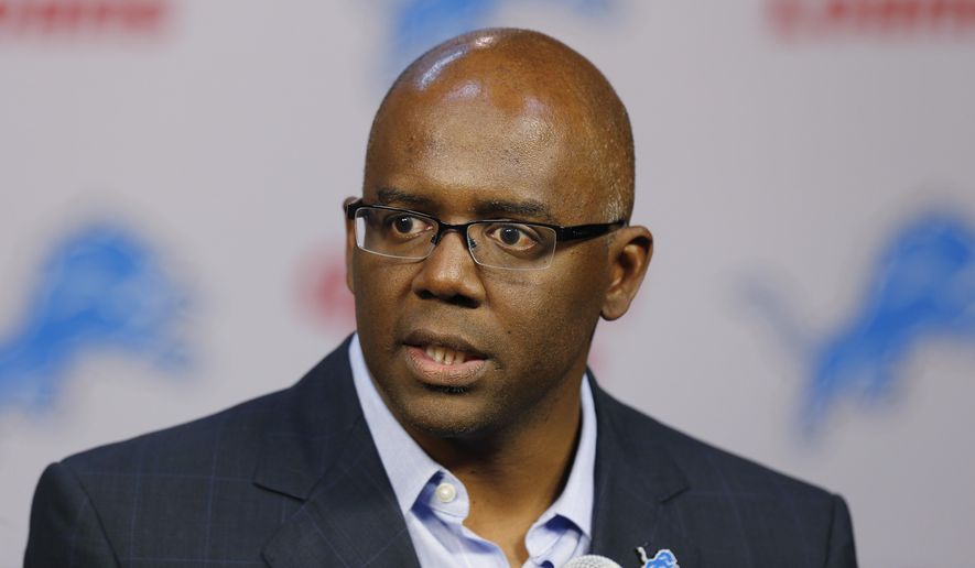 Detroit Lions general manager Martin Mayhew speaks about NFL football first-round draft choice North Carolina tight end Eric Ebron during a news conference in Allen Park, Mich., Friday, May 9, 2014. (AP Photo/Paul Sancya) **FILE**
