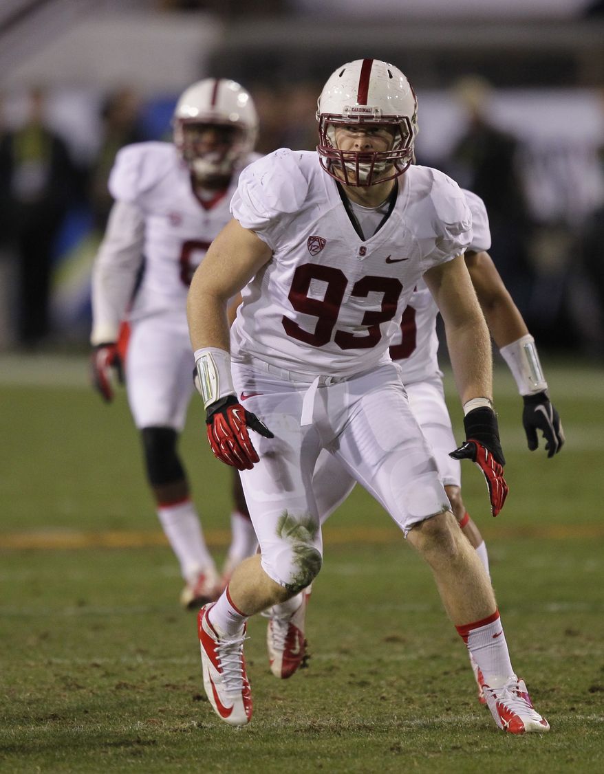 Stanford linebacker Trent Murphy (93) during the first half of the PAC-12 Championship football game against Arizona State, Saturday, Dec. 7, 2013, in Tempe, Ariz. (AP Photo/Rick Scuteri)