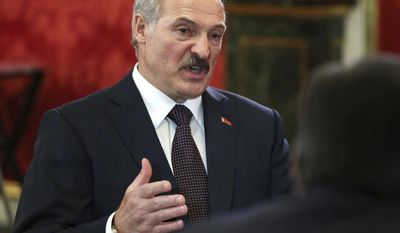 Belarusian President Alexander Lukashenko speaks at a meeting of the leaders of the member states of the Collective Security Treaty Organization (CSTO)  in the Kremlin in Moscow, Russia, Thursday, May 8, 2014. (AP Photo/Sergei Karpukhin, Pool)